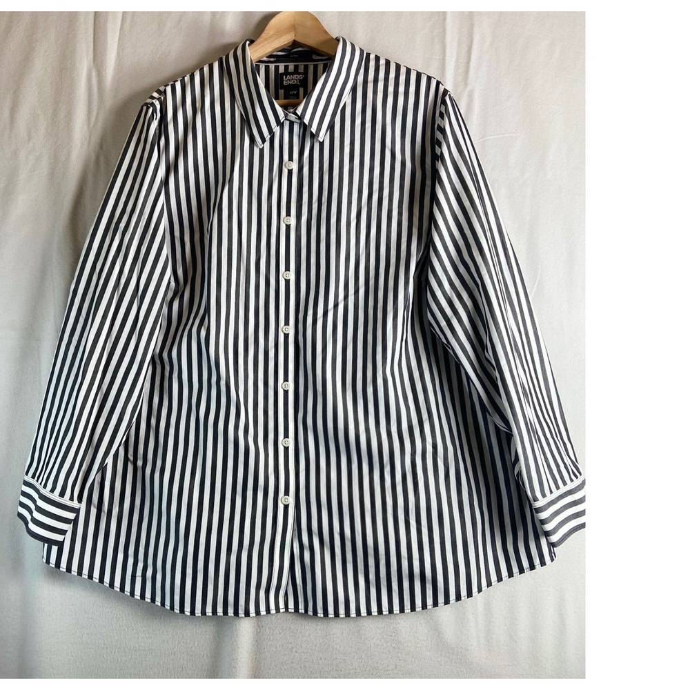 Lands' End Womens 22W No Iron Black White Striped Button Down Shirt Plus Preppy